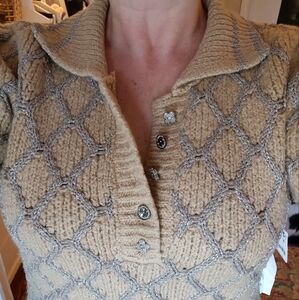 Fall Beige and Gray Knit Sweater with Pearl and Rhinestone Button Detail